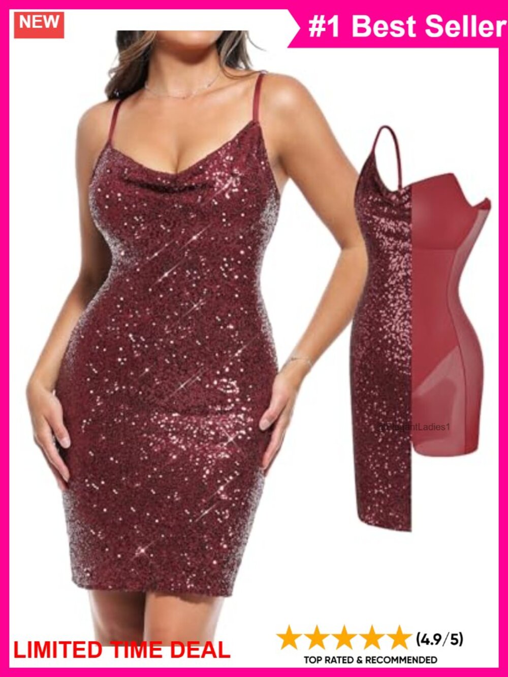 Sequin Mini Dress Bodycon Shapewear Built-in Bra Cowl Neck Party